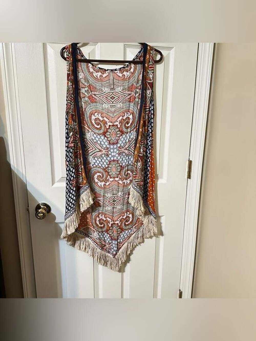 Boho Fringe Open Front Cardigan - Orange, Blue, Cream
